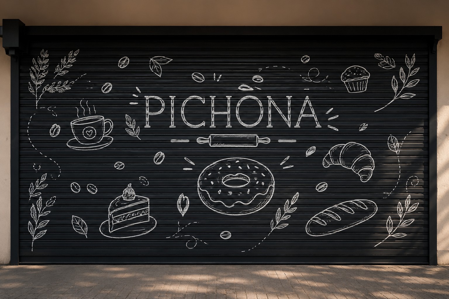 Persiana del local de Pichona pintada a mano con motivos de panadería y pastelería